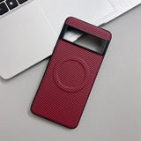 Red carbon fiber phone case with a camera cutout and a circular magnetic ring.