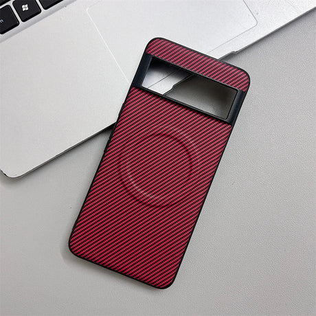 Red carbon fiber phone case with a camera cutout and a circular magnetic ring.