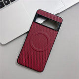 A red carbon fiber phone case with a camera cutout and a circular magnetic charging ring.