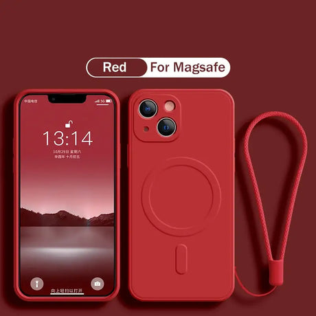 The red case is attached to the phone