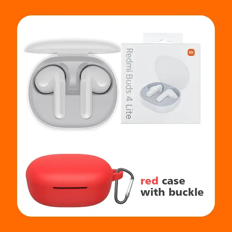 there is a red case with a buckle and a red earphone