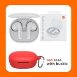 there is a red case with a buckle and a red earphone