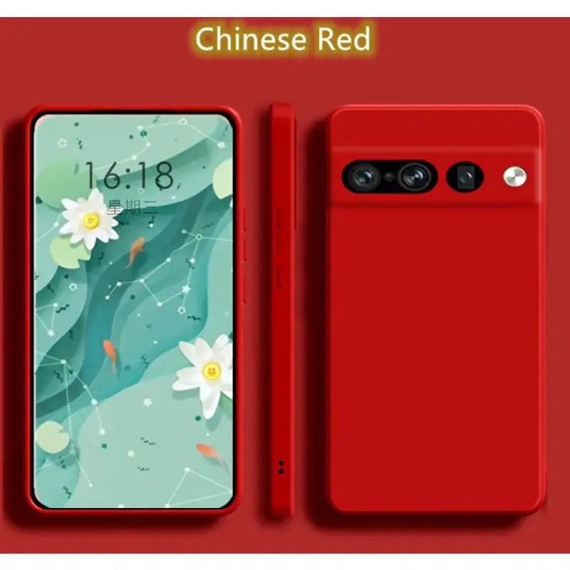 the red case is shown with the phone’s front and back