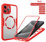 Red and clear protective case for iPhone 15 Pro Max with MagSafe compatibility.