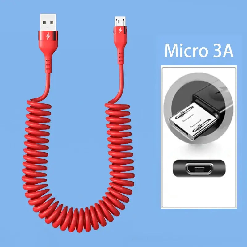 a red coiled cable connected to a usb