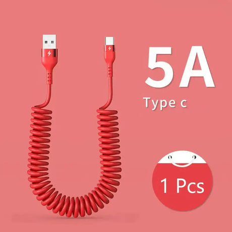 A red coiled cable with a white button