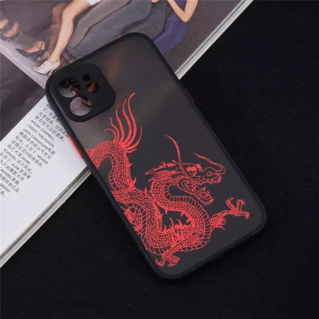 A red dragon on a black background