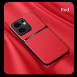 Red faux leather phone case with a black camera module and trim.