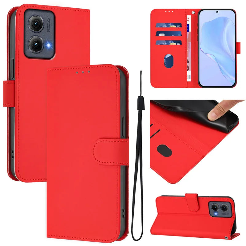 Red faux leather wallet phone case with card slots and wrist strap.