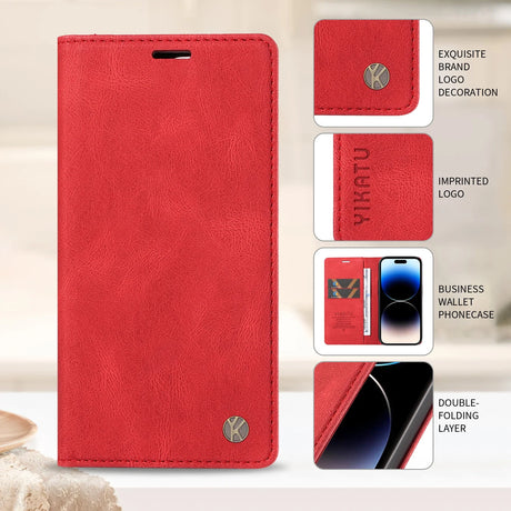 Red faux leather wallet phone case with card slots.