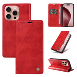 Red faux leather wallet phone case with card slots and kickstand functionality
