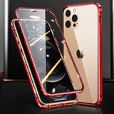 Red-framed protective case for an iPhone, showcasing both front and back views.