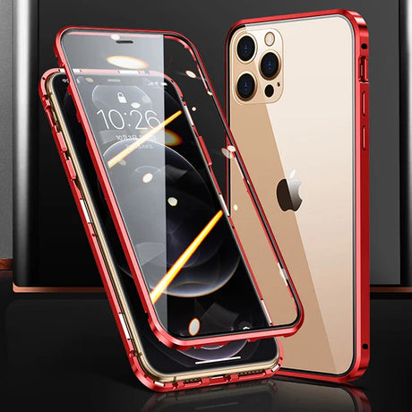 Red-framed protective case for an iPhone, showcasing both front and back views.