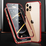 Red-framed protective case for an iPhone, showcasing both front and back views.