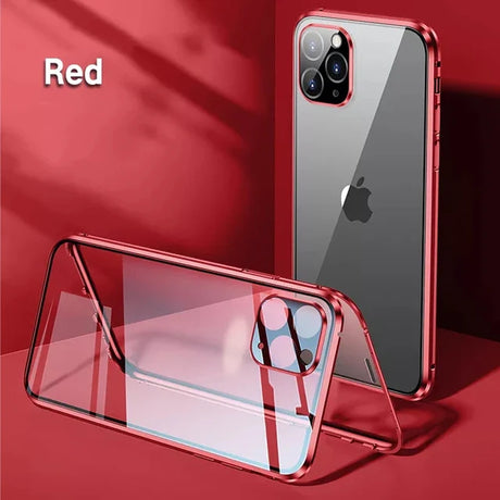 Red-framed transparent protective case for an iPhone with a multi-camera setup.