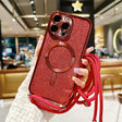 Red glittery phone case with a matching lanyard.