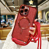 Red glittery phone case with a matching lanyard.