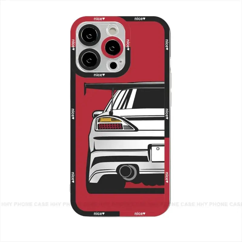 a red iphone case with a white car on it
