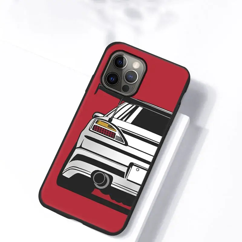 a red iphone case with a white car on it