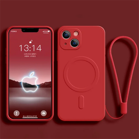 Red iPhone with a matching case and wrist strap.