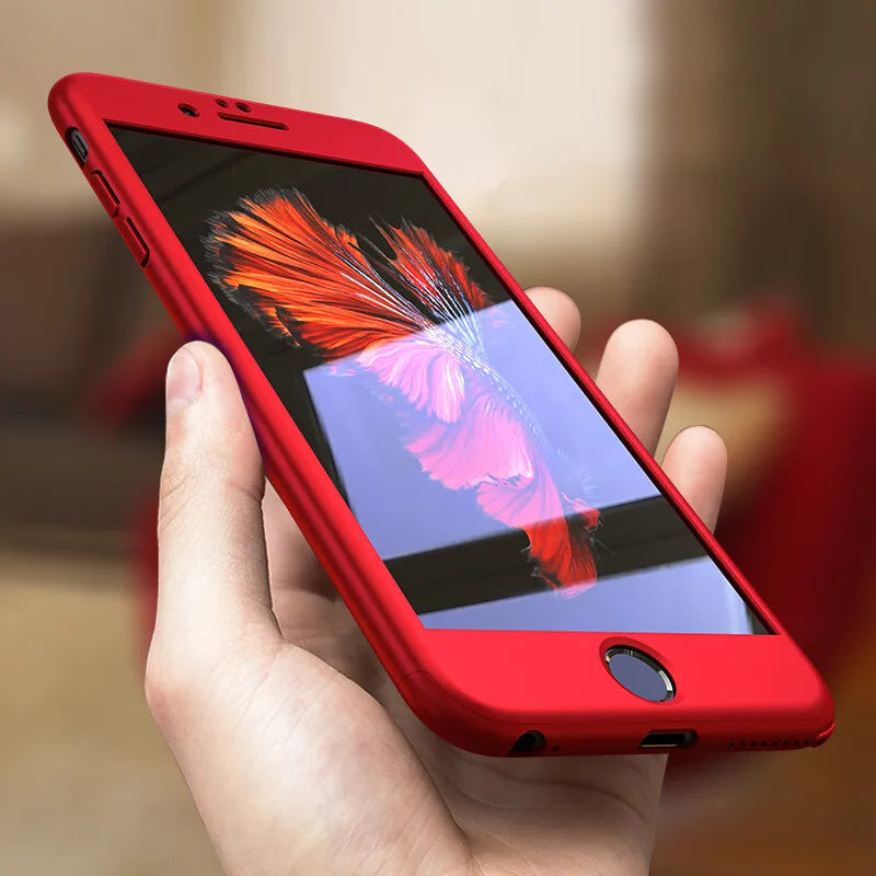 Red iPhone displaying a colorful abstract image on its screen.