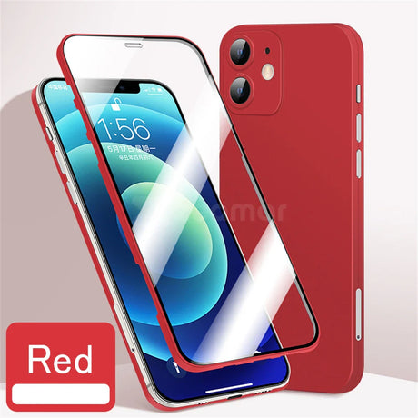 Red iPhone with a dual-camera setup and matching protective case.