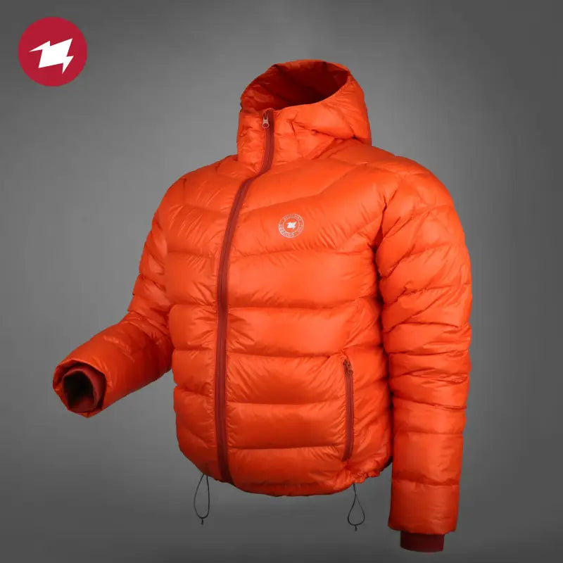 a red down jacket with a hood and a hood