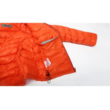a red down jacket with a zipper on the back