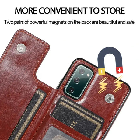 The back of a red leather iphone case with a lightning bolt on it