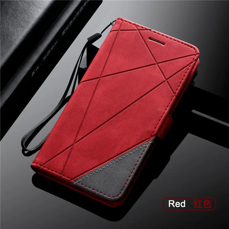 Red leather phone case with geometric stitching and a gray accent.