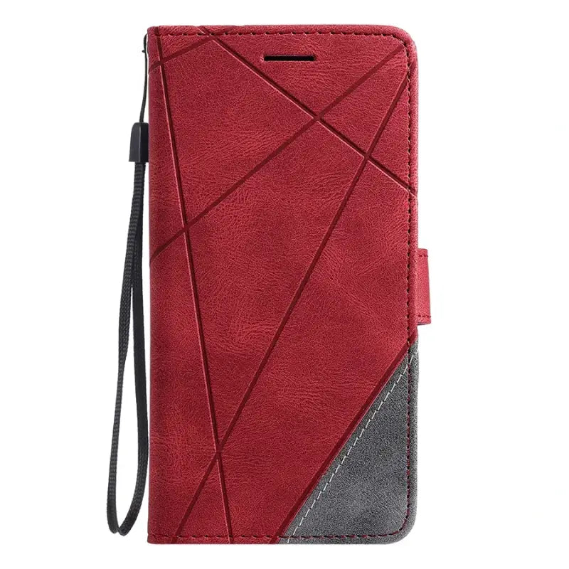 the red leather wallet case with a black leather strap