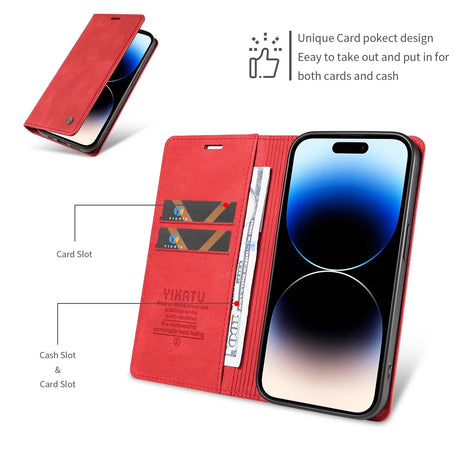 Red leather wallet phone case with card and cash slots.