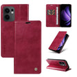 A red leather wallet phone case designed for a smartphone.