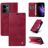 A red leather wallet phone case designed for a smartphone.