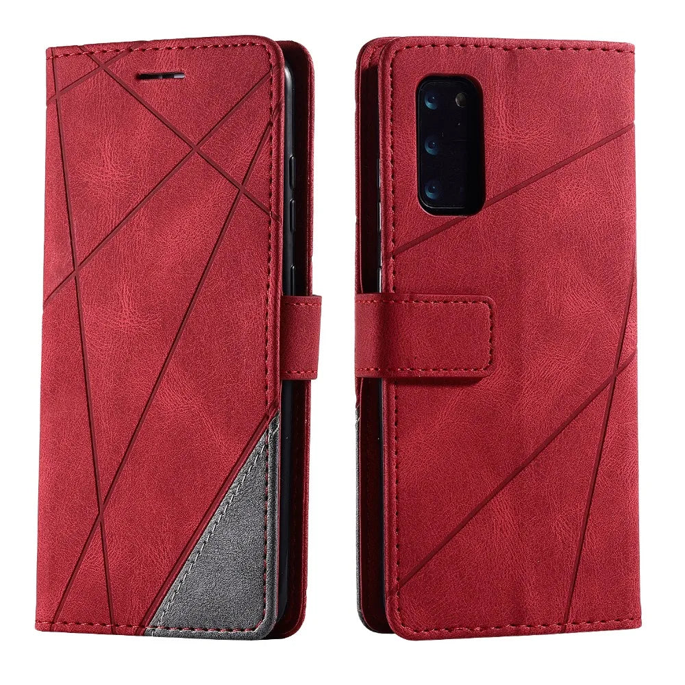 Red leather wallet-style phone case with geometric stitching patterns.