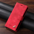 Red leather wallet-style phone case with a metallic accent.