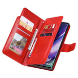 Red leather wallet-style phone case with multiple card slots and a photo holder.