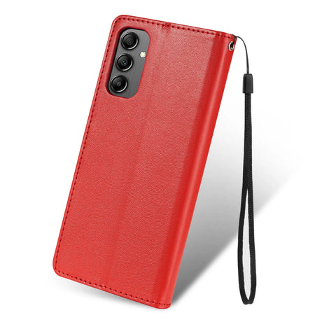 Red leather wallet-style smartphone case with a wrist strap.