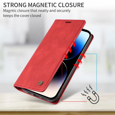 Red magnetic closure phone case.