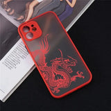 a red phone case with a dragon on it