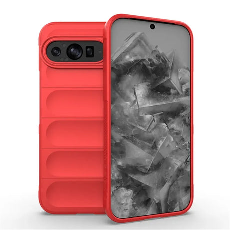 A red phone case with a puffer jacket design, protecting a smartphone with a grey, geometric wallpaper.