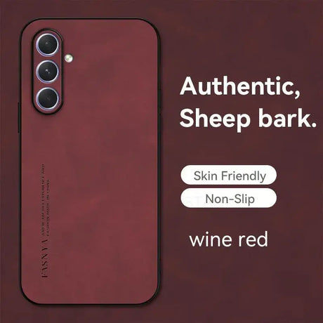 The back of a red phone case with the text, ` ` ’, and a photo of a red