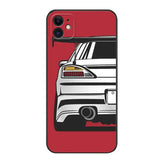 a red phone case with a white car on it