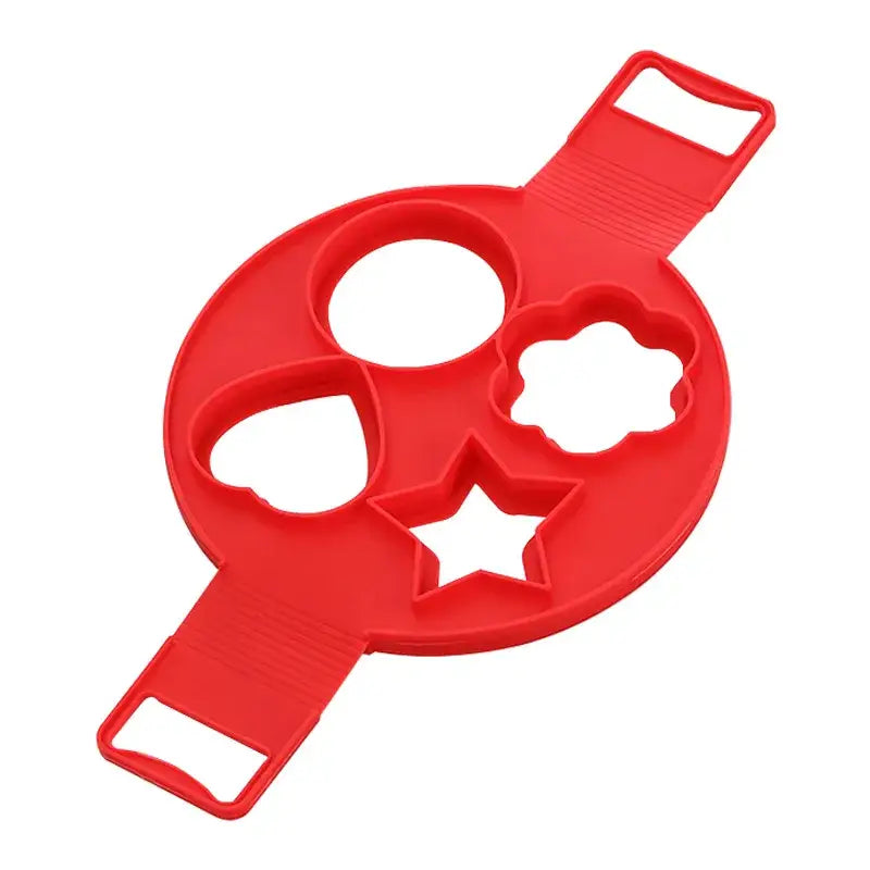 a red plastic bottle opener with four holes