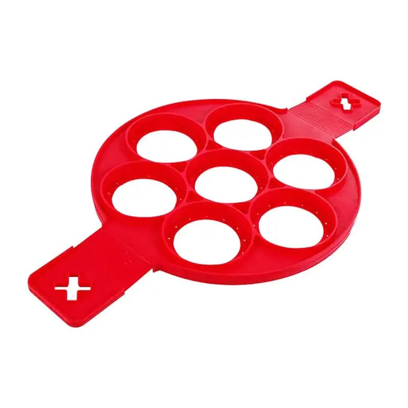 a red plastic egg tray with six eggs inside