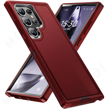 Red protective case for a smartphone with multiple camera lenses.