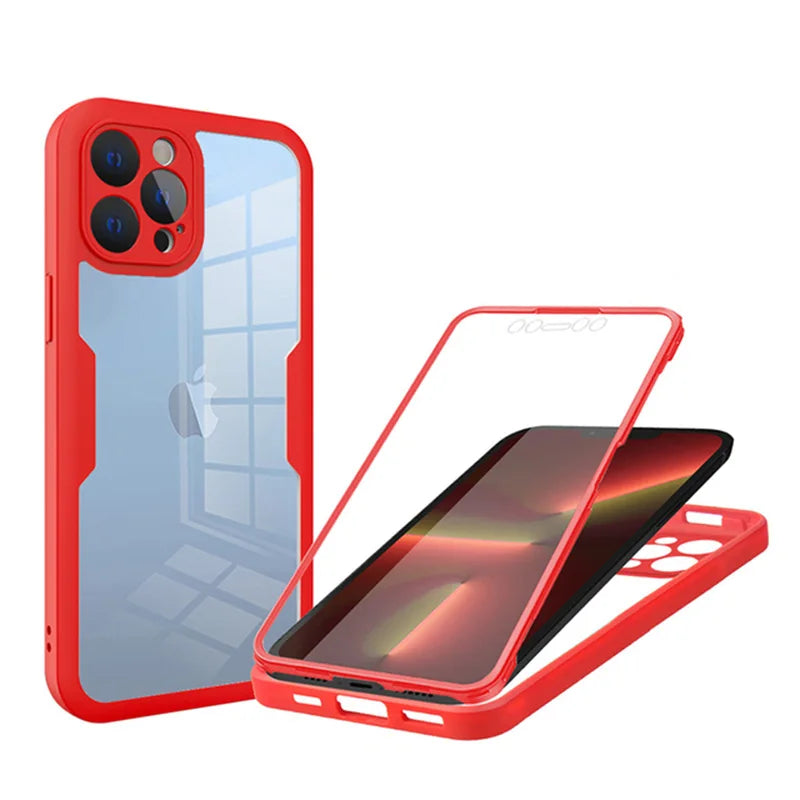 Red protective case for a smartphone with a clear back panel and multiple camera cutouts.