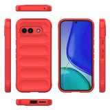 A red protective phone case with a ribbed back design, showing front, back, and side views.
