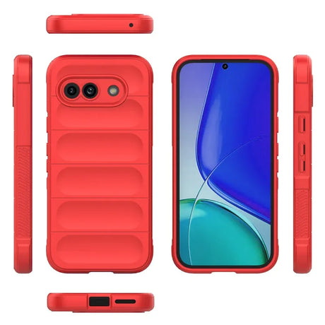 A red protective phone case with a ribbed back design, showing front, back, and side views.