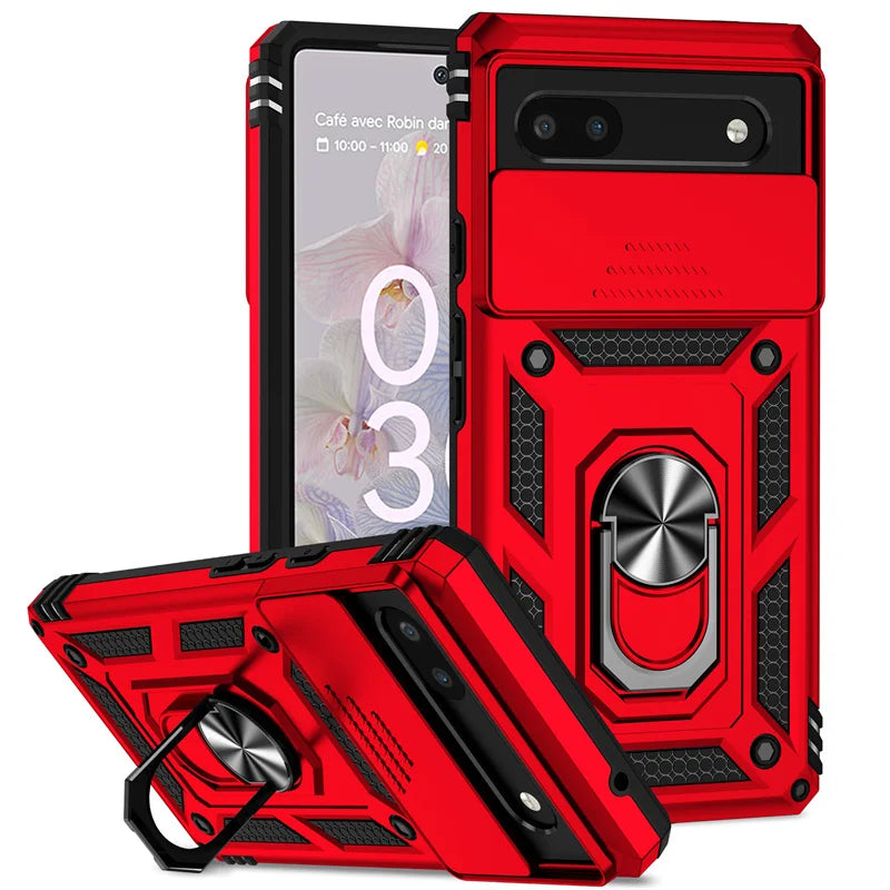 Red protective smartphone case with a built-in ring holder and kickstand.